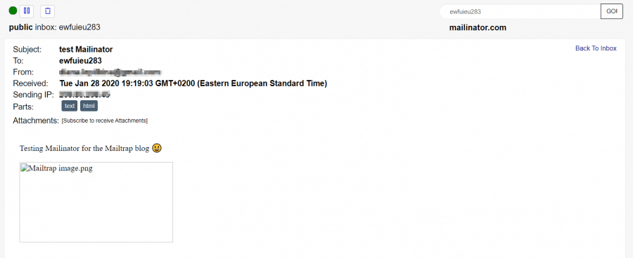 Message with an inline picture dispayed in the Mailinator inbox